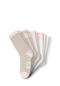 Set mit fünf Socken in hellrosa, beige und weißen Farbtönen, mit Streifen und einfarbigen Designs. Hergestellt aus weichem, dehnbarem Material.