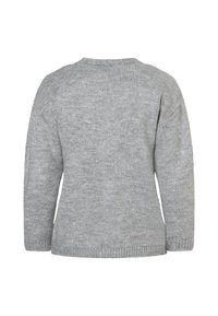 Gray knitted sweater featuring a crew neckline, drop shoulders, and ribbed cuffs and hem. The texture is soft with a subtle pattern.