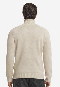 Helle beige Rollkragenpullover aus weichem Material, mit ribbeltem Saum und Bündchen, einfachem, nahtlosem Design und normalem Schnitt.