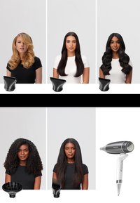 Fünf Frauen mit unterschiedlichen Haartypen, deren Frisuren mit einem weißen und silbernen Haartrockner und verschiedenen schwarzen Aufsätzen gestaltet wurden, die unter jedem Haarschnitt gezeigt werden.