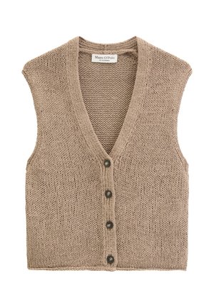 Beżowa, bezrękawnikowa kamizelka z głębokim dekoltem w serek i czterema czarnymi guzikami z przodu, oznaczona marką Marc O’Polo.
