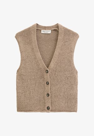 Beżowa, bezrękawnikowa kamizelka z głębokim dekoltem w serek i czterema czarnymi guzikami z przodu, oznaczona marką Marc O’Polo.