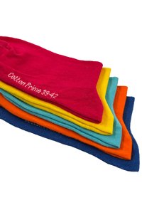 Sechs Paare Baumwollsocken, die in einem Stapel angeordnet sind. Die Farben umfassen Pink, Gelb, Blau, Aqua, Orange und Marineblau. Größenetikett sichtbar: 39-42.