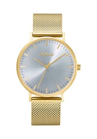 Gold mesh-Armbanduhren mit einem runden silbernen Zifferblatt, minimalistischen Stundenmarkierungen und dem eingeprägten Markennamen "s.Oliver" oben.