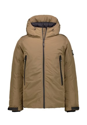 Tanfarbene, isolierte Kapuzenjacke mit Reißverschlusstaschen und kontrastierenden schwarzen Akzenten. Sie verfügt über eine glatte Textur und eine verstellbare Kapuze.