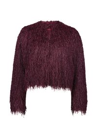 Pull court bordeaux à manches longues ; présente un design texturé et shaggy fait de fines fibres brillantes avec un décolleté ouvert.