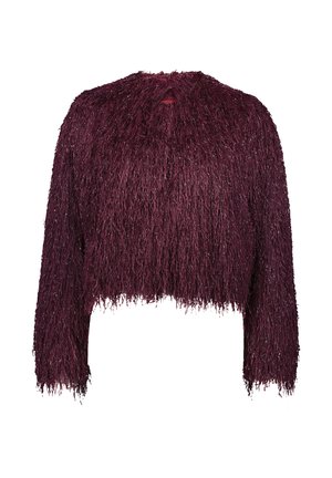 Bordeauxfarbener, kurzer Pullover mit langen Ärmeln; zeichnet sich durch ein strukturiertes, plüschiges Design aus dünnen, glänzenden Fasern mit einem offenen Ausschnitt aus.
