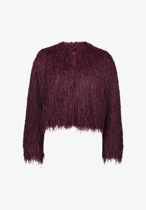 Maroon cropped sweater with long sleeves; features a textured, shaggy design made of thin, shiny fibers with an open neckline.