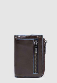 Compact brown leather wallet with blue stitching, featuring a zippered pocket and smooth texture. Rectangular shape with a sleek design.