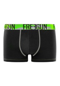Shorts de boxeur noirs avec une ceinture en néon vert contrastante portant "FREEGUN" en lettres grasses. Des coutures grises soulignent les contours.