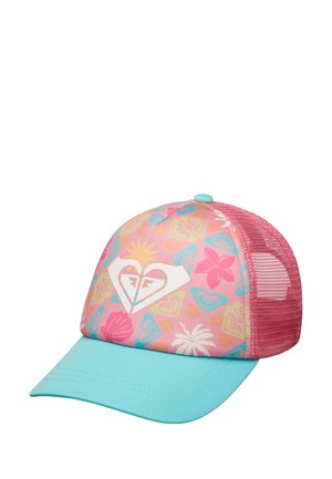 Różowo-niebieska siateczkowa czapka bejsbolowa z tropikalnymi wzorami, muszelkami, kwiatami i białym sercowatym logo na przednim panelu.