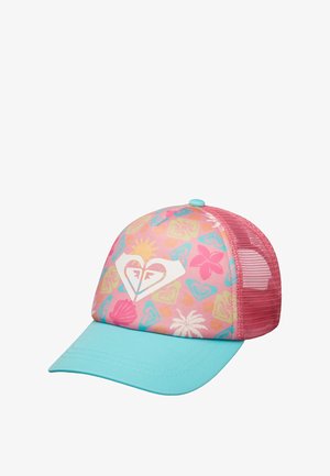 Rosa-blaues Baseballcap aus Netzstoff mit tropischen Mustern, Muscheln, Blumen und einem weißen, herzförmigen Logo auf der Vorderseite.