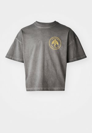 Gray cropped t-shirt with short sleeves, featuring a circular yellow logo on the chest. Soft fabric with a slightly faded texture.