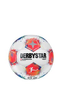 Pallone da calcio Derbystar Bundesliga, bianco con design a macchie colorate, pannelli esagonali e marchio nero. Materiale sintetico testurizzato.