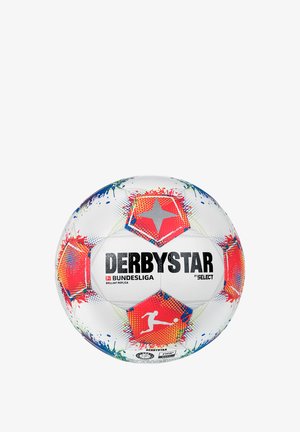 Derbystar Bundesliga voetbals, wit met kleurrijk spetterpatroon, hexagonale panelen en zwarte branding. Gemaakt van gestructureerd synthetisch materiaal.