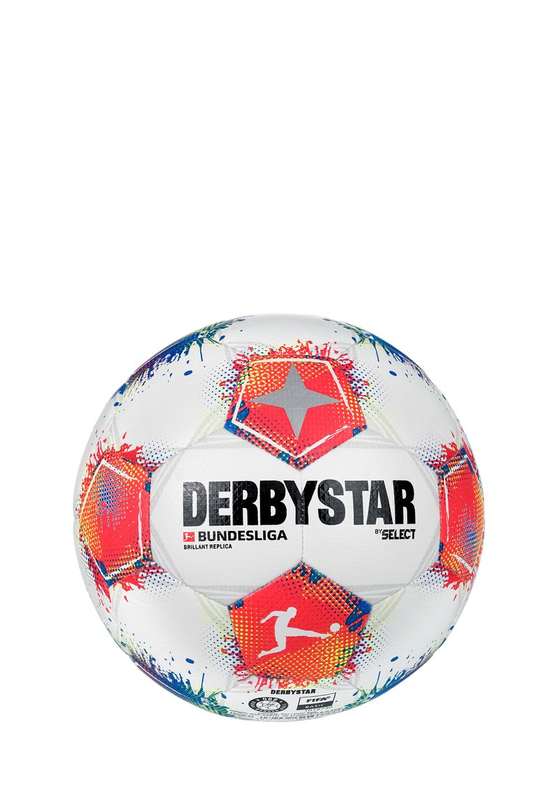 Pallone da calcio Derbystar Bundesliga, bianco con design a macchie colorate, pannelli esagonali e marchio nero. Materiale sintetico testurizzato.