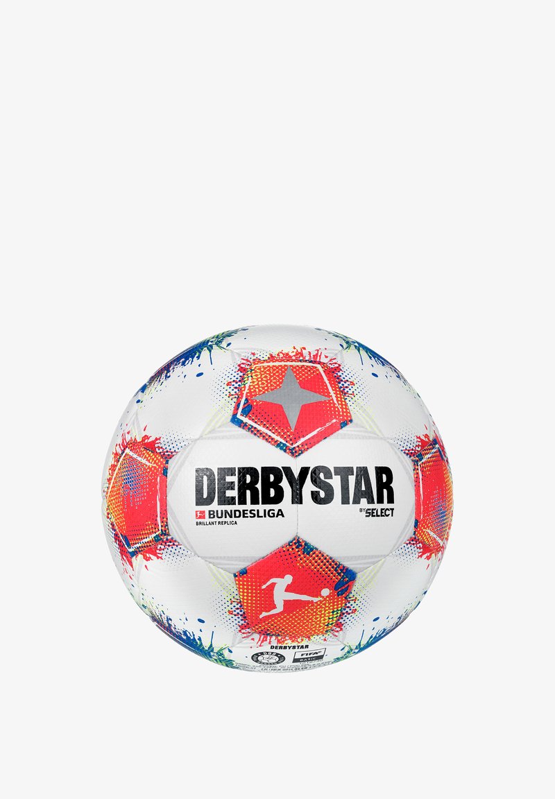 Pallone da calcio Derbystar Bundesliga, bianco con design a macchie colorate, pannelli esagonali e marchio nero. Materiale sintetico testurizzato.