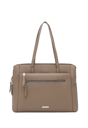 Borsa a mano in pelle color taupe di dimensioni medie con due manici, tasca frontale con cerniera e dettagli in argento sulla zip.