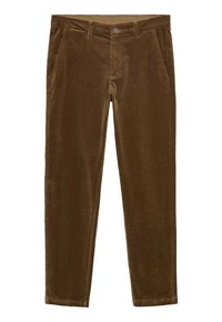 Pantalon en velours côtelé marron avec une coupe slim, présentant une fermeture à boutons, des poches avant et une texture côtelée fine.