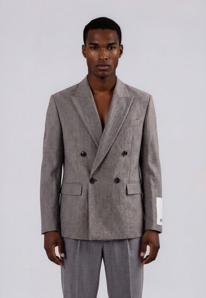 Mann trägt einen grauen, zweireihigen Blazer und passende Hose, steht vor einem schlichten hellen Hintergrund.