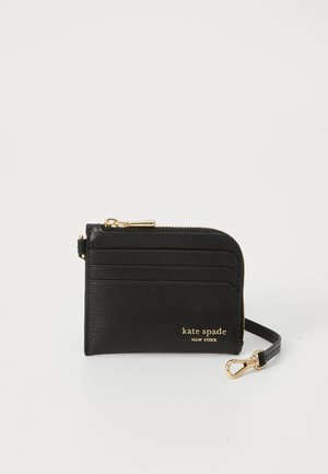 Black leather wallet with a textured finish, featuring a zipper closure, multiple card slots, and a gold logo accent. Compact design.