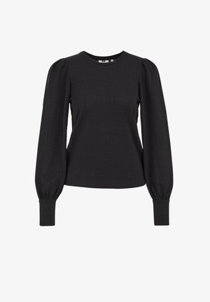 Črni dolgi rokavi bluze z teksturirano tkanino, okroglim izrezom in napihnjenimi rokavi s tesnimi manšetami.