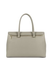 Borsa a mano in pelle grigia con doppi manici superiori, una forma rettangolare piatta e una sezione frontale con cerniera. Presenta dettagli in metallo color oro.