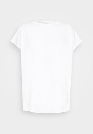 Weißes Kurzarm-T-Shirt aus Baumwolle. Rundhalsausschnitt mit geradem Saum. Weicher Stoff, schlichte Silhouette und keine auffälligen Muster oder Akzente.