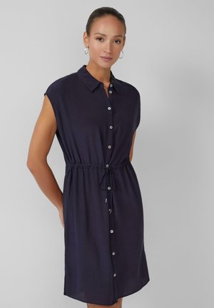 Navy blue shirt dress with short sleeves, button placket, adjustable drawstring waist, and smooth texture.