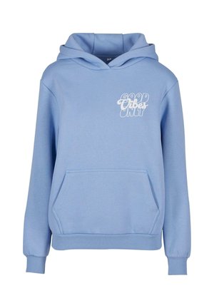 Lyseblå hættetrøje i bomuldsblanding. Har en lomme foran, ribbede manchetter og kant, med "GOOD VIBES ONLY" trykt i hvidt på brystet.