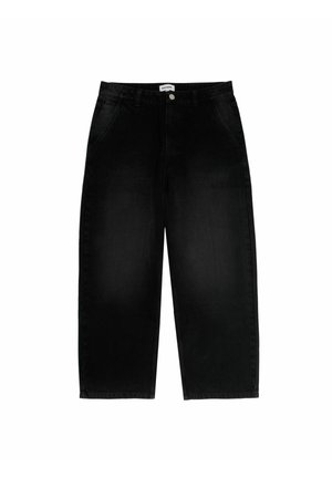Pantaloni wide-leg in denim nero con vita media, dotati di cinque tasche, chiusura con un solo bottone e dettagli di whiskering sottili.