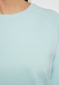 Felpa azzurra chiara con scollo rotondo, texture morbida e maniche raglan. I dettagli delle cuciture sono visibili lungo le spalle.