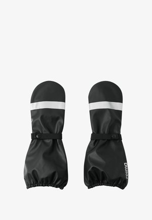 Czarne wodoodporne rękawice z białymi odblaskowymi paskami i elastycznymi paskami na nadgarstki, zaprojektowane do zimnej lub wilgotnej pogody.