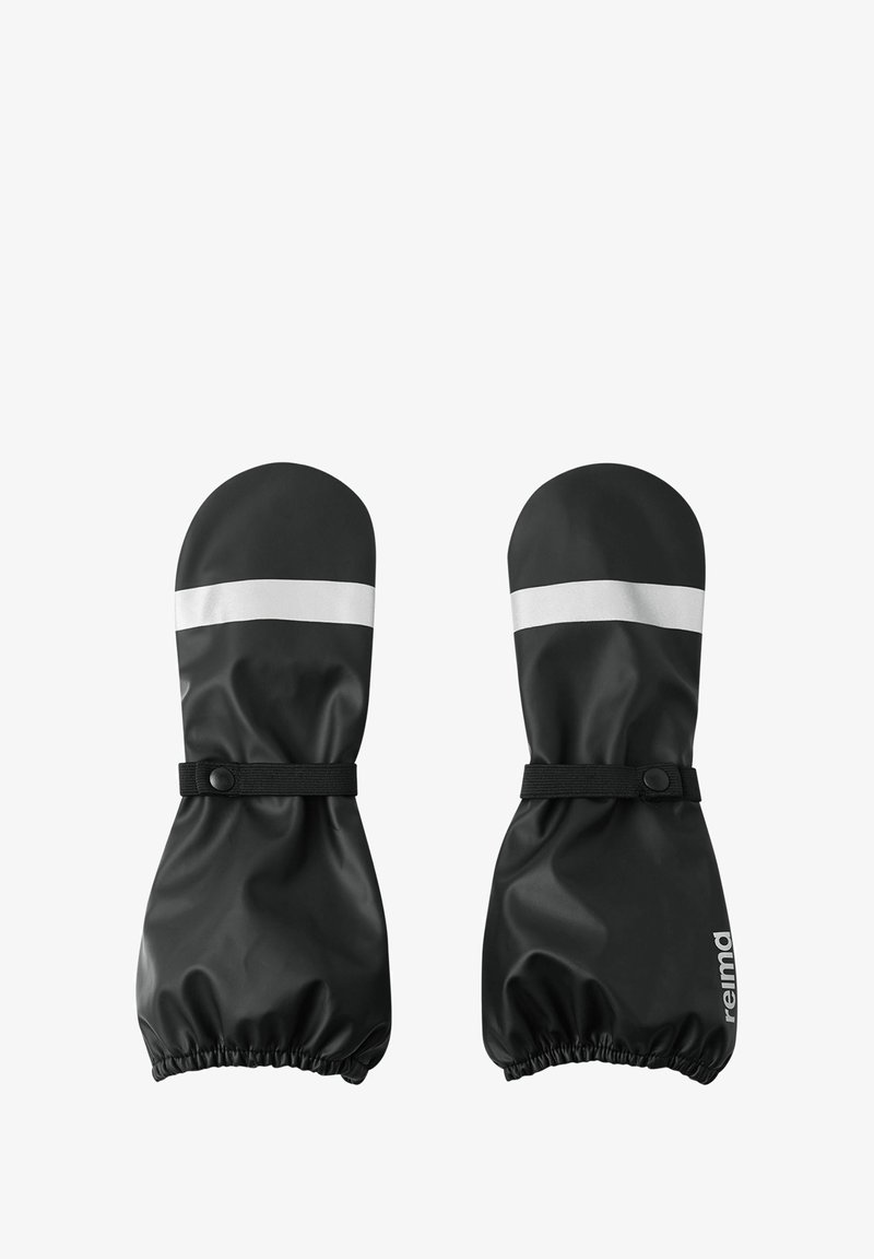 Czarne wodoodporne rękawice z białymi odblaskowymi paskami i elastycznymi paskami na nadgarstki, zaprojektowane do zimnej lub wilgotnej pogody.