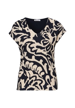 Schwarz-beiges Kurzarmoberteil mit abstraktem Blumenmuster und V-Ausschnitt, lockere Passform, Stoffetikett "Street One" im Halsausschnitt.