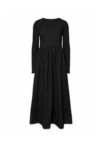 Abito lungo nero con maniche lunghe in una vestibilità comoda, scollo rotondo e vita arricciata, con una gonna fluente che raggiunge il pavimento.