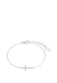 Bracciale argento con una delicata catena, dotato di un piccolo ciondolo a croce e lunghezza regolabile con chiusura a gancio e etichetta con logo.