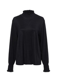 Schwarzes Langarmoberteil mit hohem, gerafftem Kragen und gerafften Ärmeln. Hergestellt aus einem glänzenden, glatten Stoff, mit einer lockeren Passform.