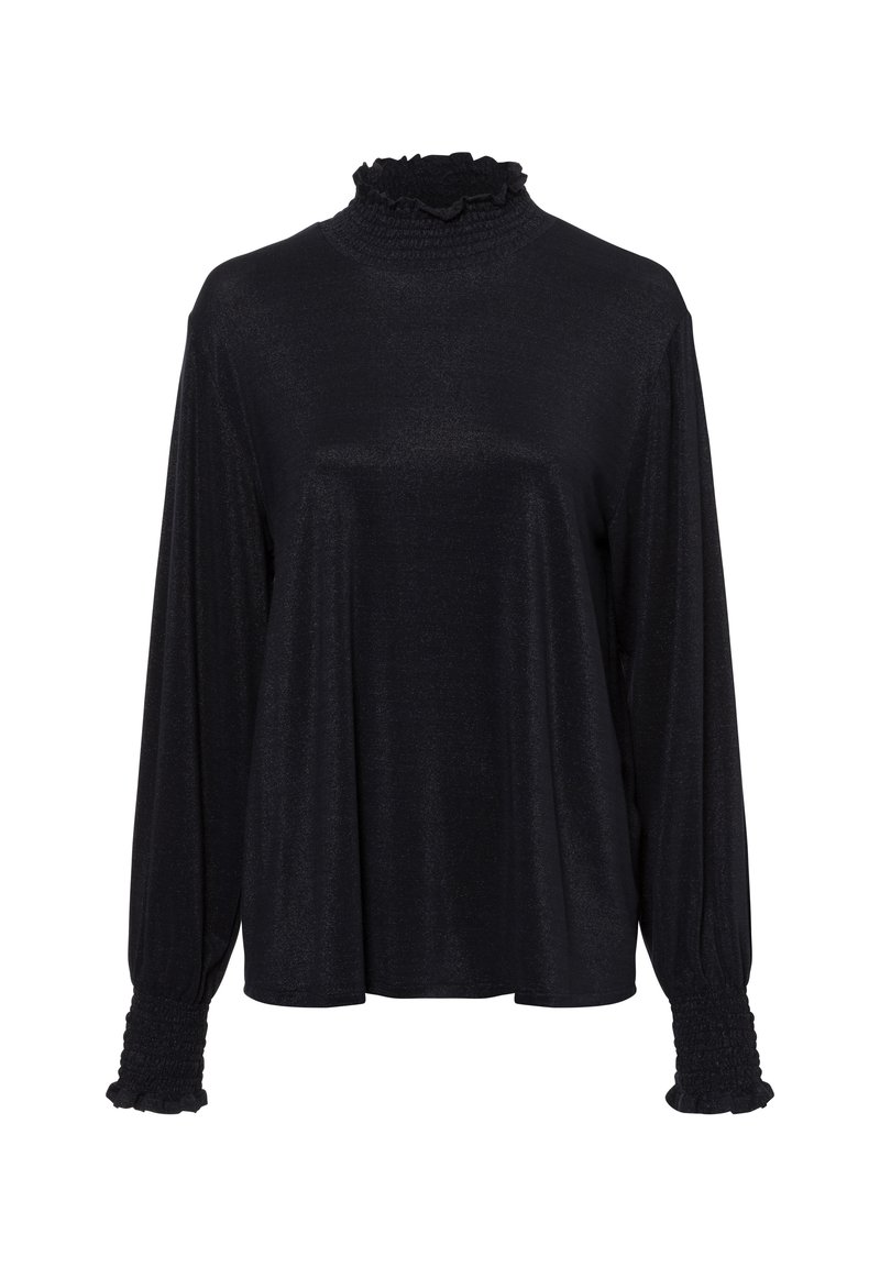 Schwarzes Langarmoberteil mit hohem, gerafftem Kragen und gerafften Ärmeln. Hergestellt aus einem glänzenden, glatten Stoff, mit einer lockeren Passform.