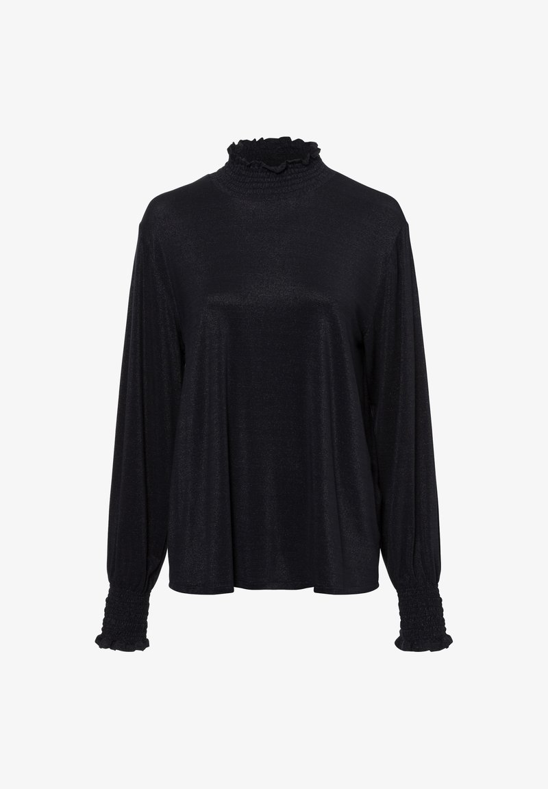 Schwarzes Langarmoberteil mit hohem, gerafftem Kragen und gerafften Ärmeln. Hergestellt aus einem glänzenden, glatten Stoff, mit einer lockeren Passform.