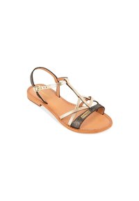 Sandali leggeri in beige e nero, con fasce incrociate e tacco basso. Il materiale include un plantare in pelle liscia e dettagli.