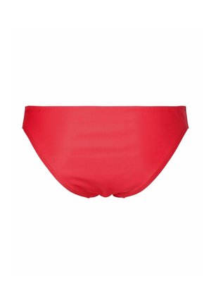 Bas de bikini rouge avec un design simple et lisse sans motifs ni décorations visibles, présenté sur un fond blanc.