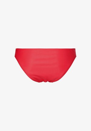 Bas de bikini rouge avec un design simple et lisse sans motifs ni décorations visibles, présenté sur un fond blanc.