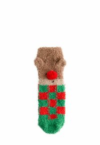 Flauschige braune Socke mit Rentierdesign, roter Pompon-Nase und grün-rot kariertem Muster im unteren Bereich. Weiche, plüschige Textur.