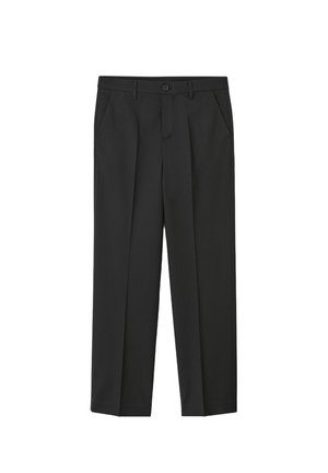 Pantalon noir à coupe droite, avec poches latérales et fermeture à bouton sur le devant. Fabriqué en tissu lisse avec une texture subtile.
