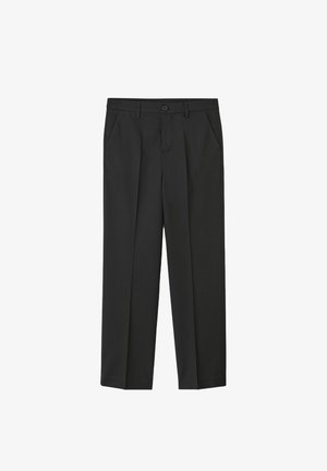 Pantalon noir à coupe droite, avec poches latérales et fermeture à bouton sur le devant. Fabriqué en tissu lisse avec une texture subtile.