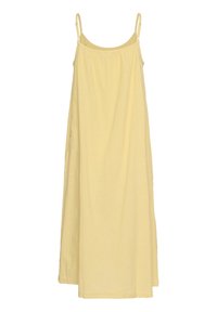 Gelbes, ärmelloses Kleid aus leichtem Stoff, mit gerafftem Oberteil, lockerer Passform und seitlichen Taschen für Funktionalität.