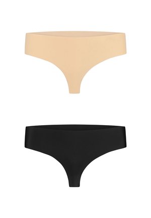 Set van twee stringonderbroeken: één in nude, de andere in zwart. Beide hebben een soepele textuur, naadloos ontwerp en een brede tailleband.
