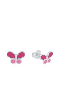 Orecchini a forma di farfalla rosa con bordi in tono argento. Presentano due tonalità di smalto rosa. Chiusura posteriore sicura.