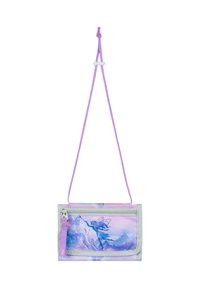 Purple and gray crossbody pouch made of fabric, featuring a fairy illustration against a mountain backdrop, with a zippered pocket.